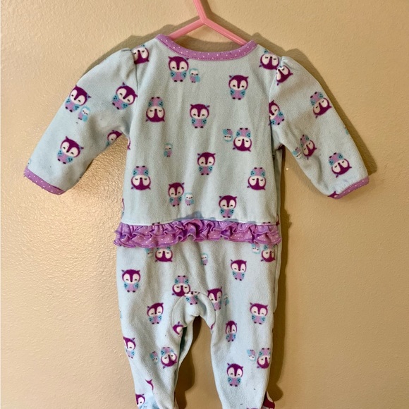 Child of Mine Fleece Footed Sleeper, Owl Print & Feet, Aqua/Purple - Size 0-3 mo - Picture 3 of 3